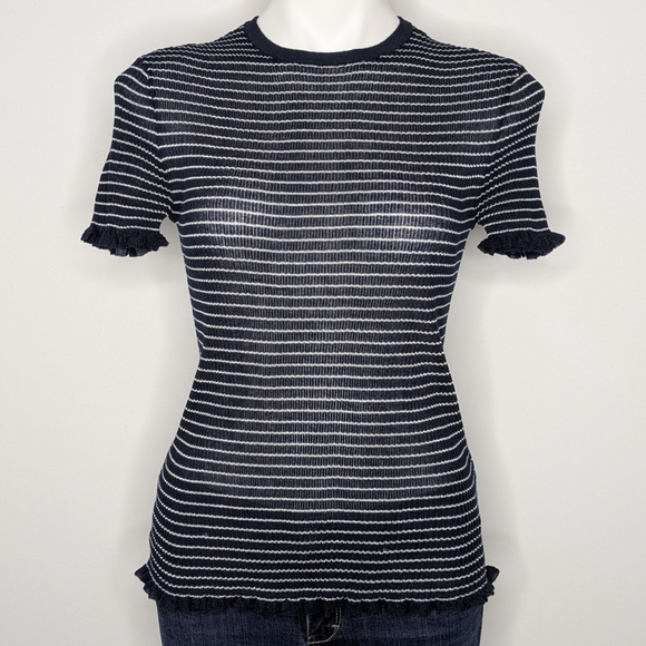 ✨3/$15 Zara Blue White Striped Sheer Stretch Short Sleeve Shirt M - Picture 1 of 8